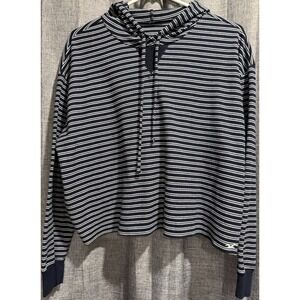 Hollister Women's Large Navy White Striped Hooded Long Sleeve Cropped Top LOGO